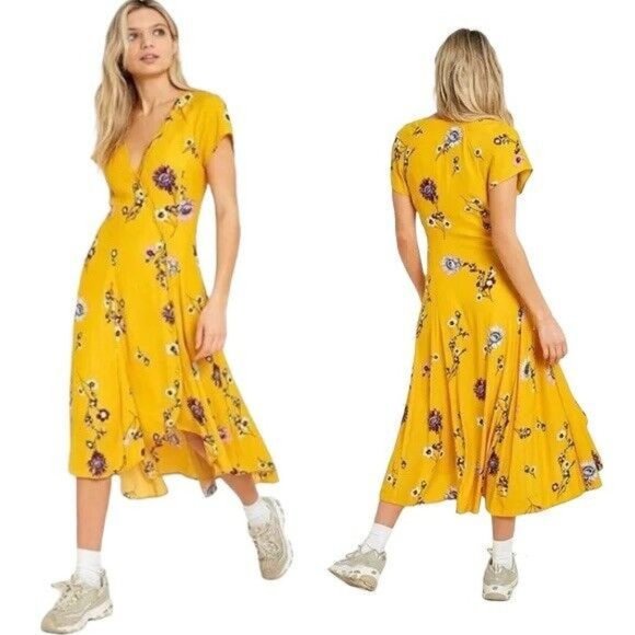 Free People High-Low Dress Size XS Yellow Purple Floral Lined Cap Sleeves - Picture 1 of 12
